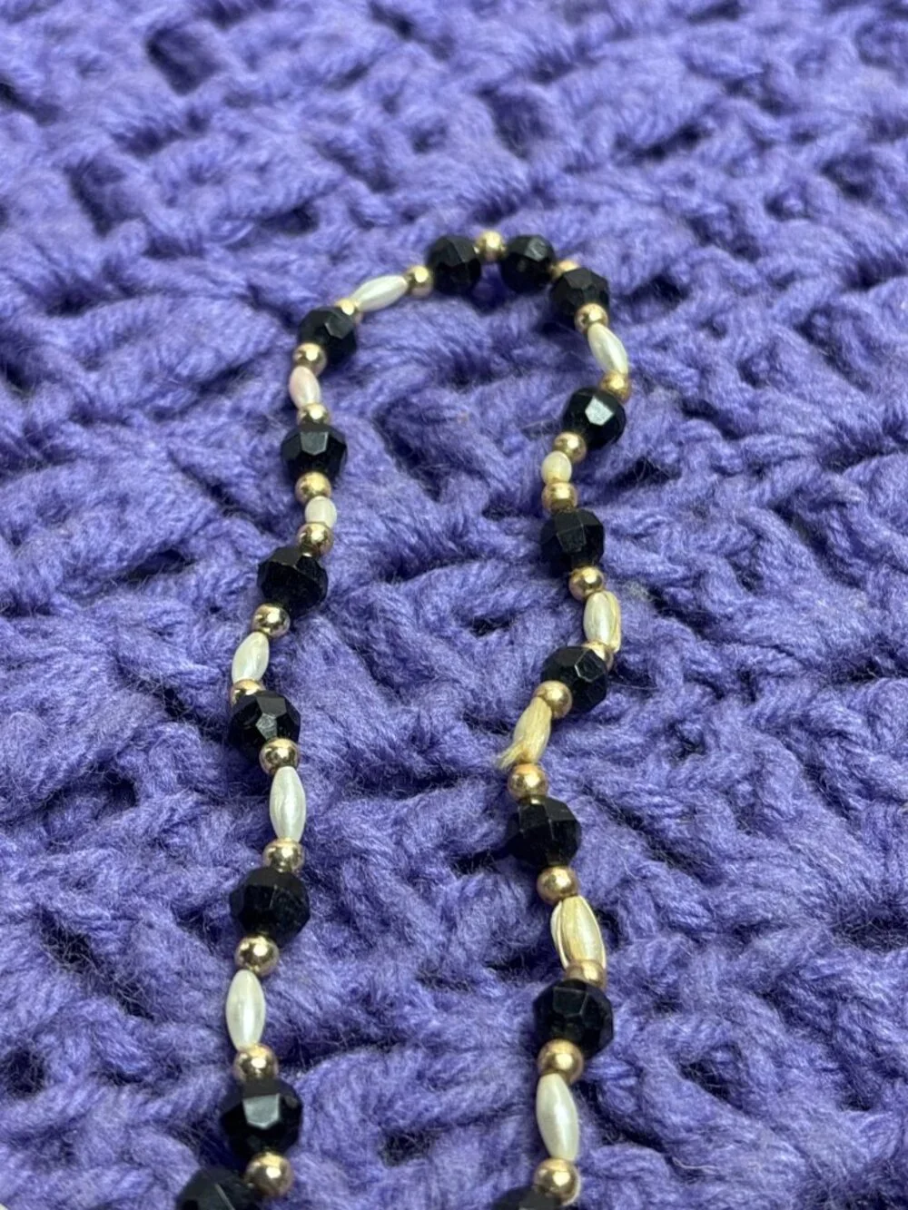 Plastic Beaded Necklace Faceted Black Faux Pearl Goldtone No Clasp 26 inches